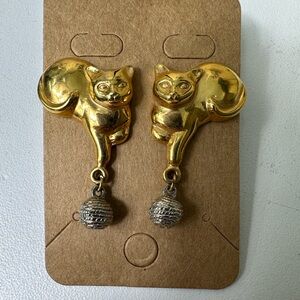 Vintage Gold Cat Drop Earrings with Silver Ball Charm